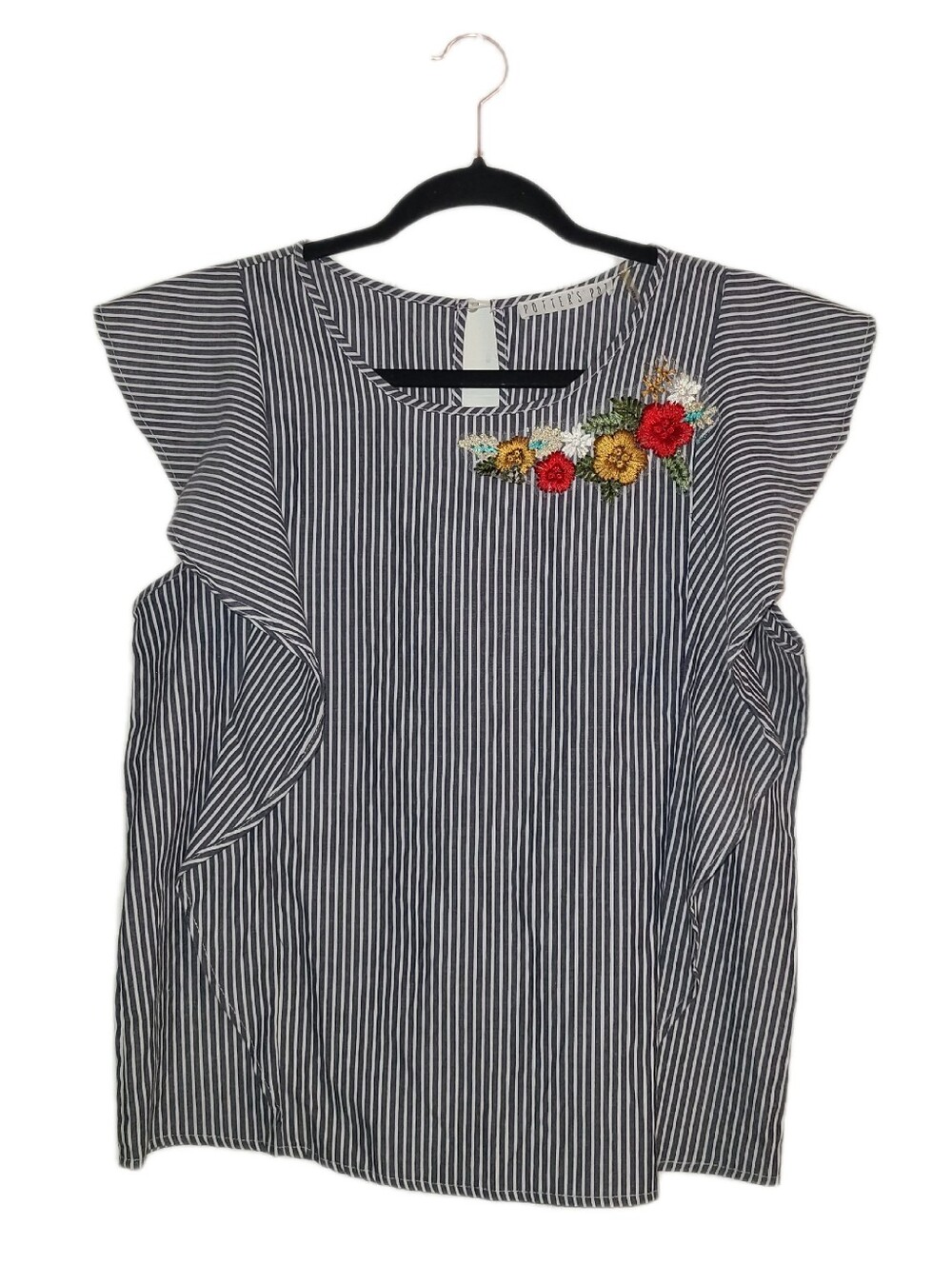 Potter's Pot Striped Ruffle Sleeve Top with Floral Embroidery - Picture 6 of 7